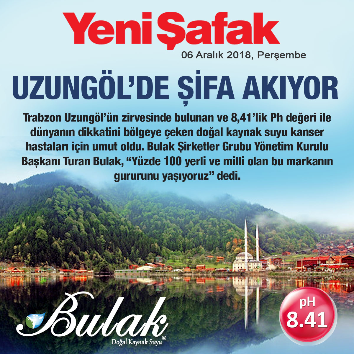 Yeni Şafak: Türkiye'nin En Yüksek pH'lı Suyu Uzungöl'de Bulundu