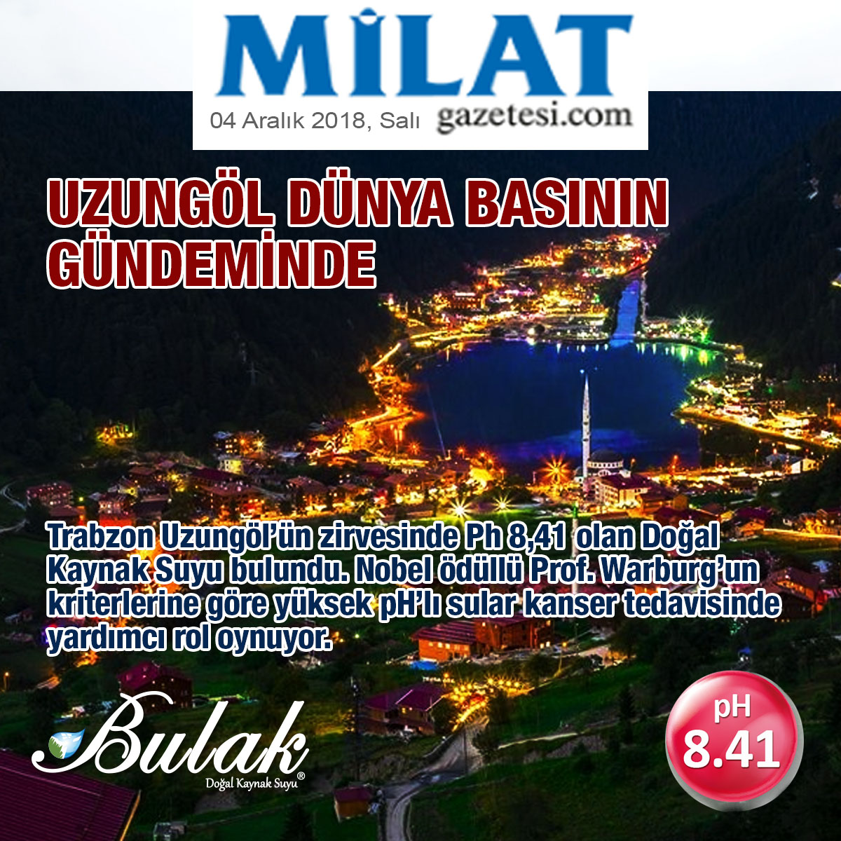 Milat Gazete: Türkiye'nin En Yüksek pH'lı Suyu Uzungöl'de Bulundu