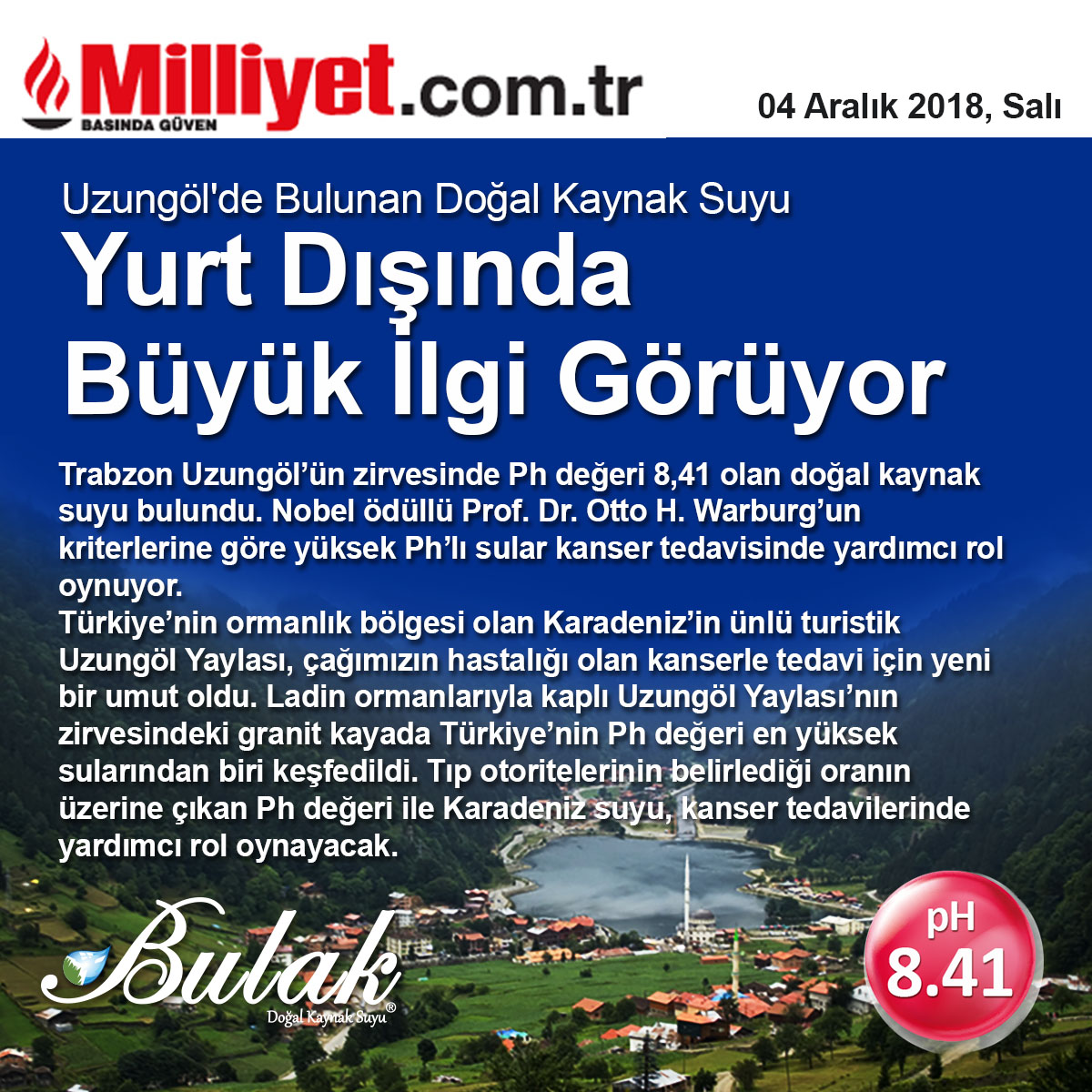 Milliyet: Türkiye'nin En Yüksek pH'lı Suyu Uzungöl'de Bulundu